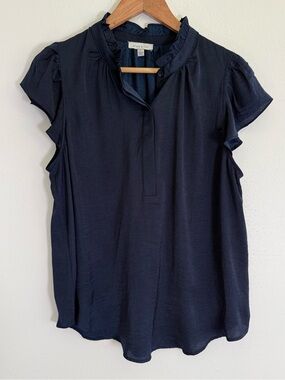 Alex & Lili Navy Ruffle Sleeve Blouse Women’s Large Flutter Sleeve Top